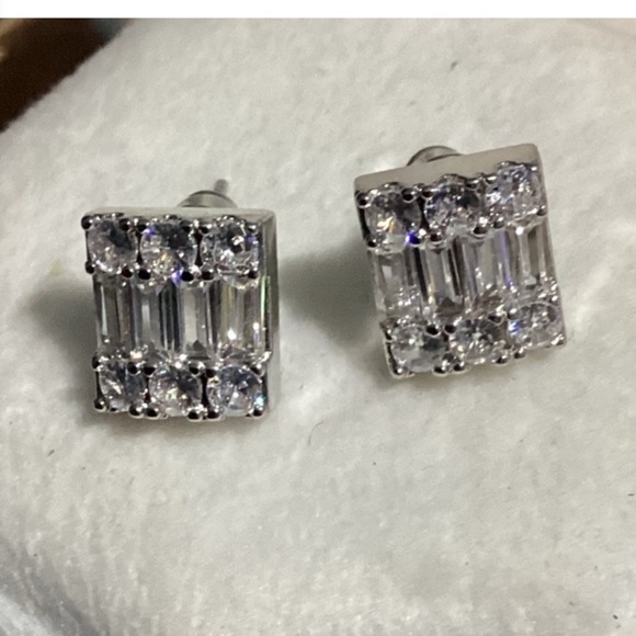 Luxurious Square Baguette & Round  cut Zircon Halo  Post back Earrings